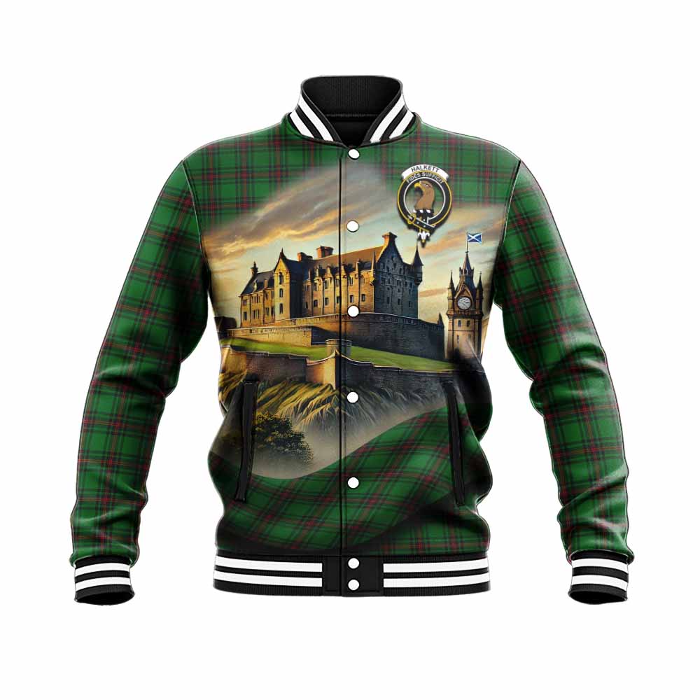 Halkett Tartan Family Crest Baseball Jacket with Scottish Ancient Castle Style Unisex - Tartan Vibes Clothing