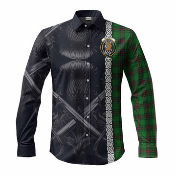 Halkett Tartan Long Sleeve Button Shirt with Family Crest Cross Sword Thistle Celtic Vibes Men's Shirt S - Tartan Vibes Clothing