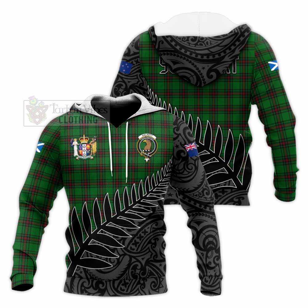 Tartan Vibes Clothing Halkett Crest Tartan Knitted Hoodie with New Zealand Silver Fern Half Style