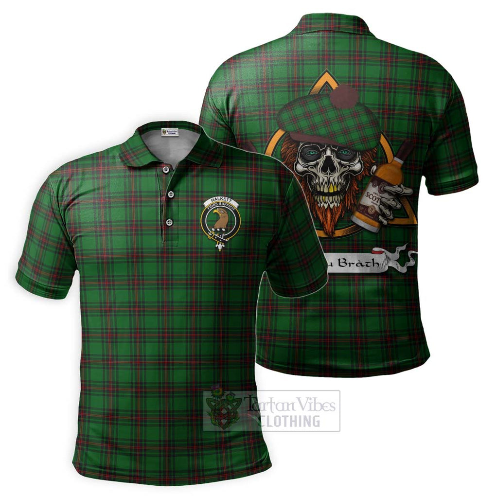 Tartan Vibes Clothing Halkett Tartan Polo Shirt with Family Crest and Bearded Skull Holding Bottles of Whiskey