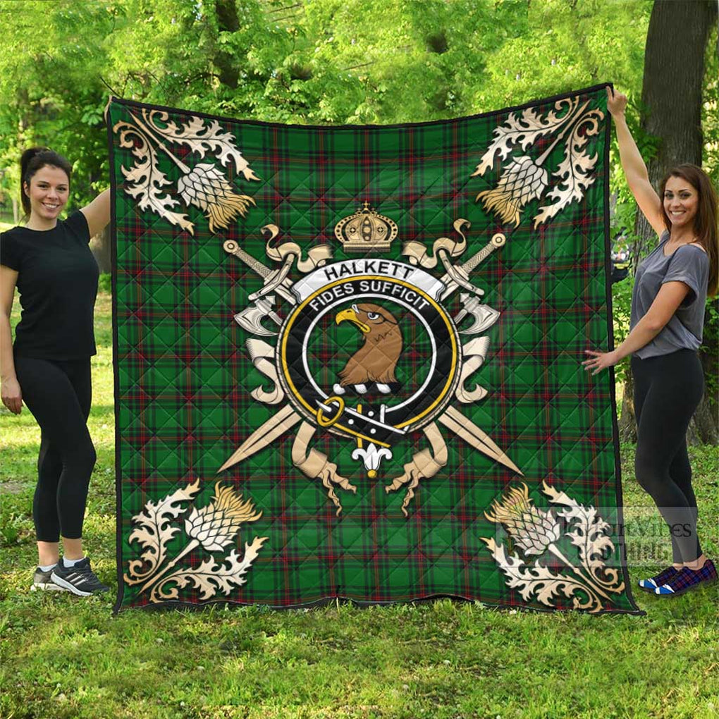 Tartan Vibes Clothing Halkett Tartan Quilt with Family Crest and Scottish Golden Courage Shield