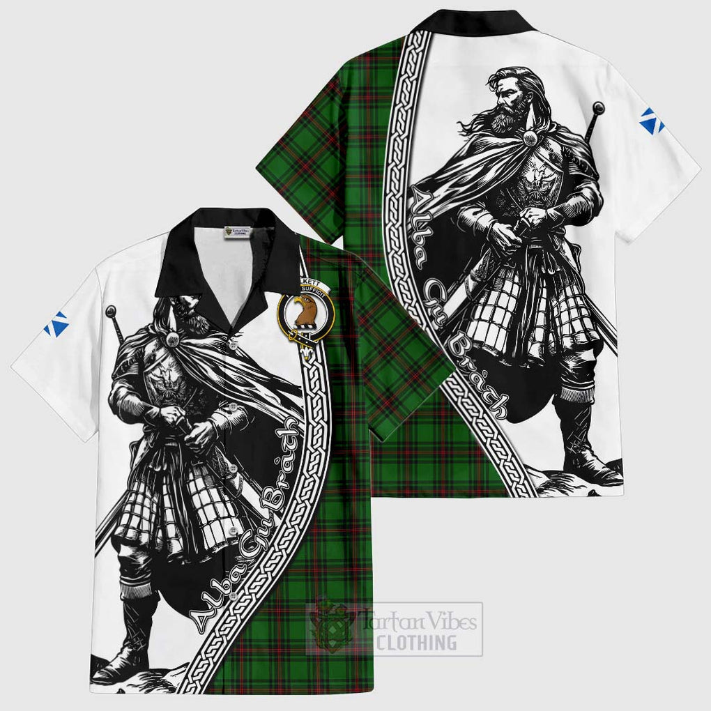 Tartan Vibes Clothing Halkett Tartan Clan Crest Short Sleeve Button Shirt with Highlander Warrior Celtic Style