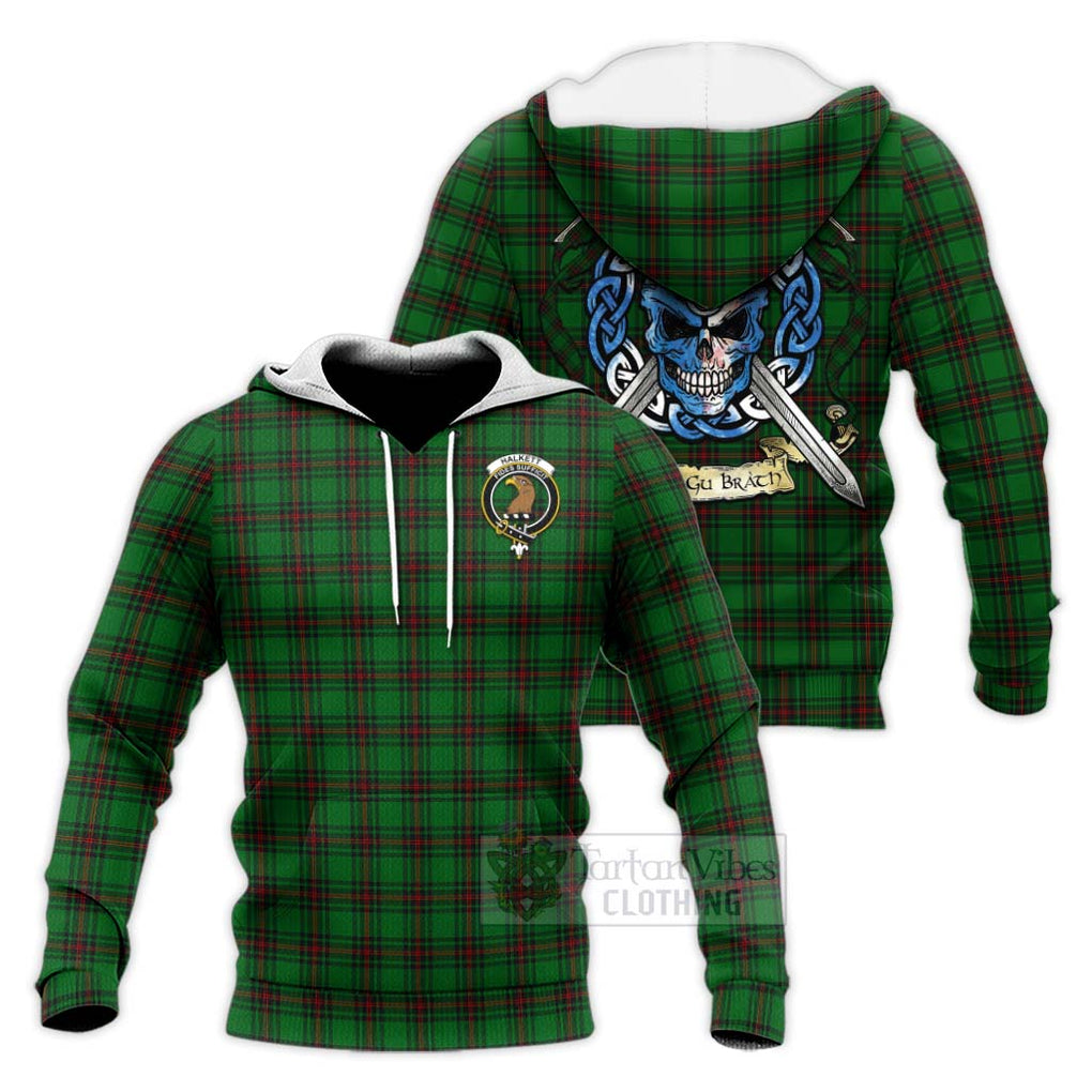 Tartan Vibes Clothing Halkett Tartan Knitted Hoodie with Family Crest Celtic Skull Style