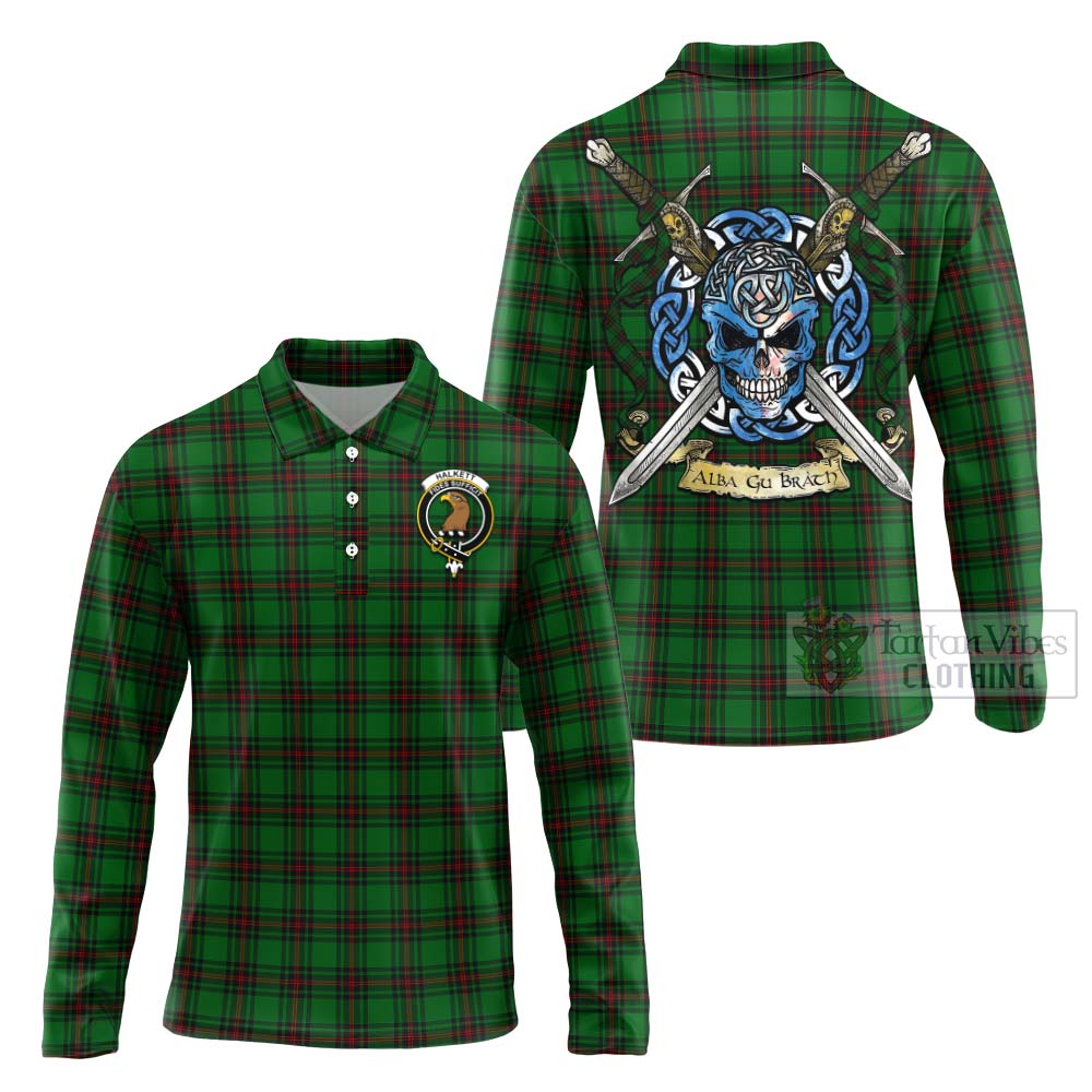 Tartan Vibes Clothing Halkett Tartan Long Sleeve Polo Shirt with Family Crest Celtic Skull Style