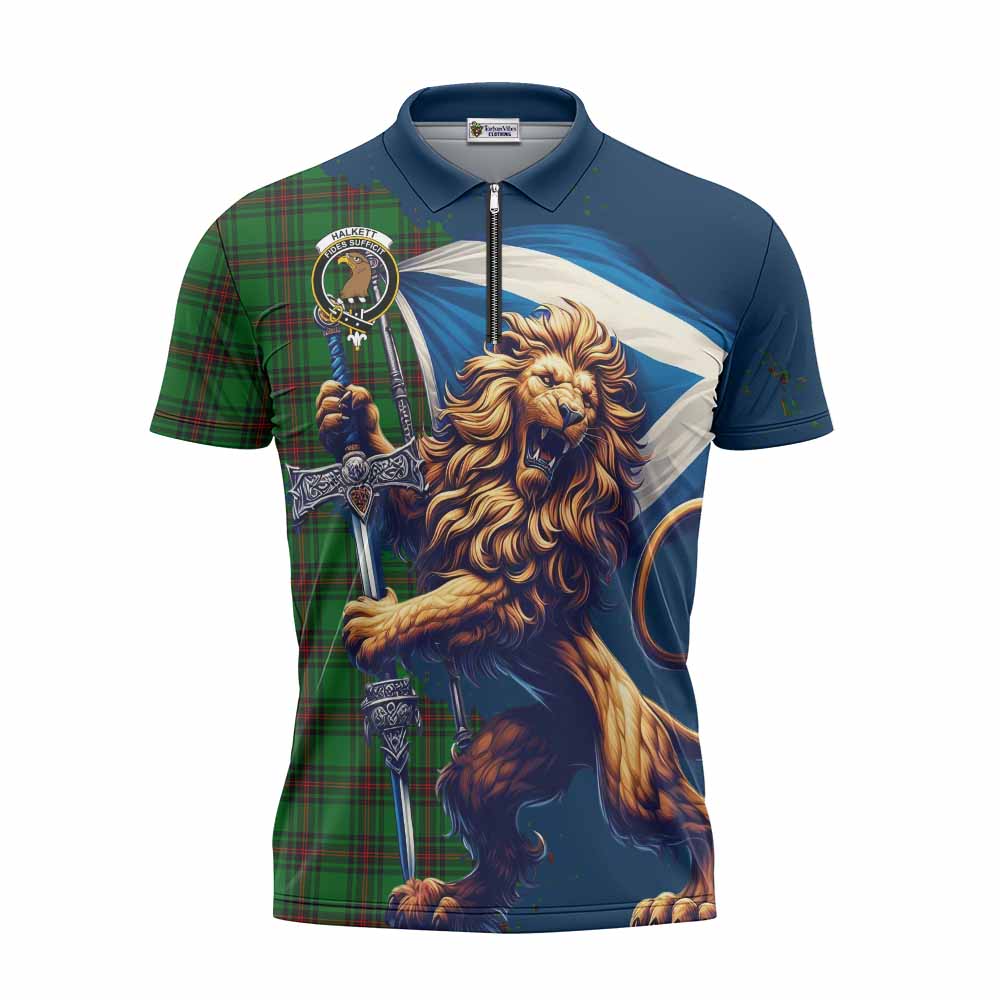 Tartan Vibes Clothing Halkett Tartan Family Crest Zipper Polo Shirt with Scottish Majestic Lion