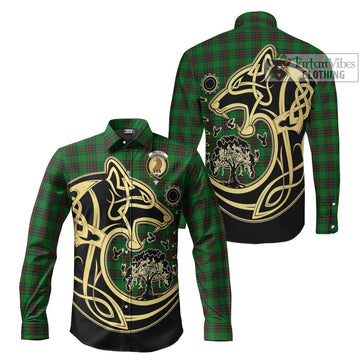 Halkett Tartan Long Sleeve Button Shirt with Family Crest Celtic Wolf Style