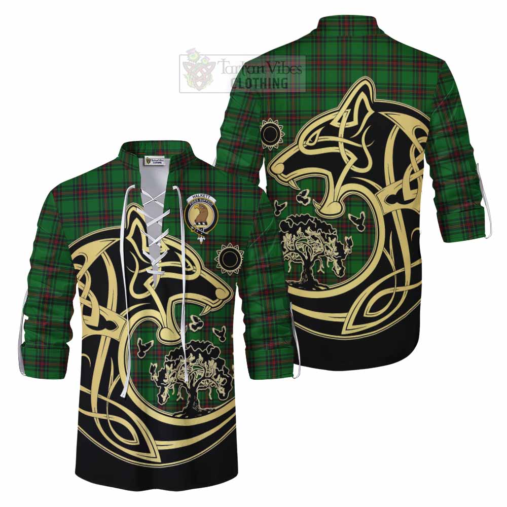 Tartan Vibes Clothing Halkett Tartan Ghillie Kilt Shirt with Family Crest Celtic Wolf Style