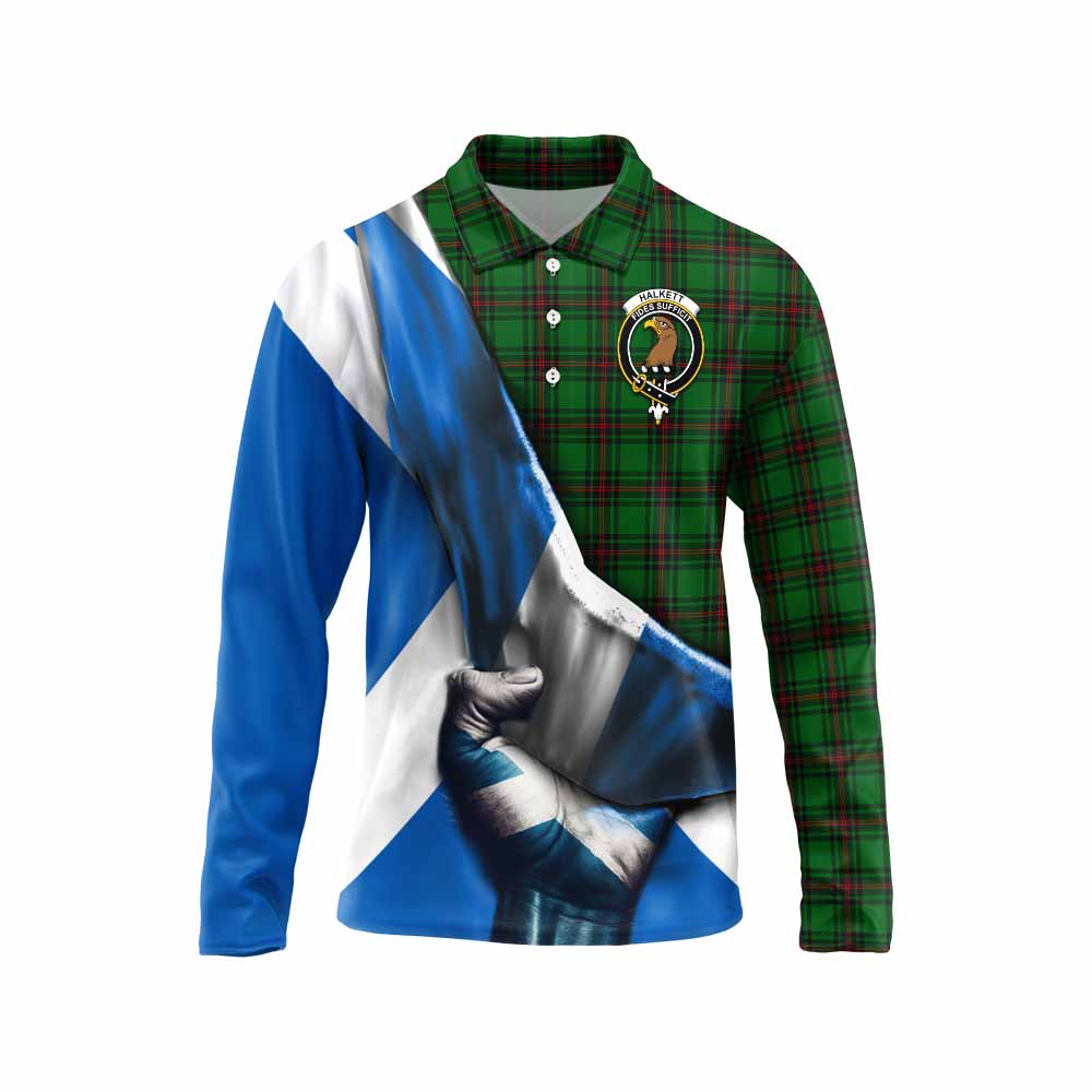 Tartan Vibes Clothing Halkett Tartan Long Sleeve Polo Shirt with Family Crest Scotland Patriotic Style