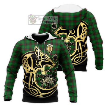 Halkett Tartan Knitted Hoodie with Family Crest Celtic Wolf Style