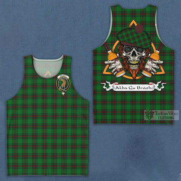 Halkett Tartan Men's Tank Top with Family Crest and Bearded Skull Holding Bottles of Whiskey