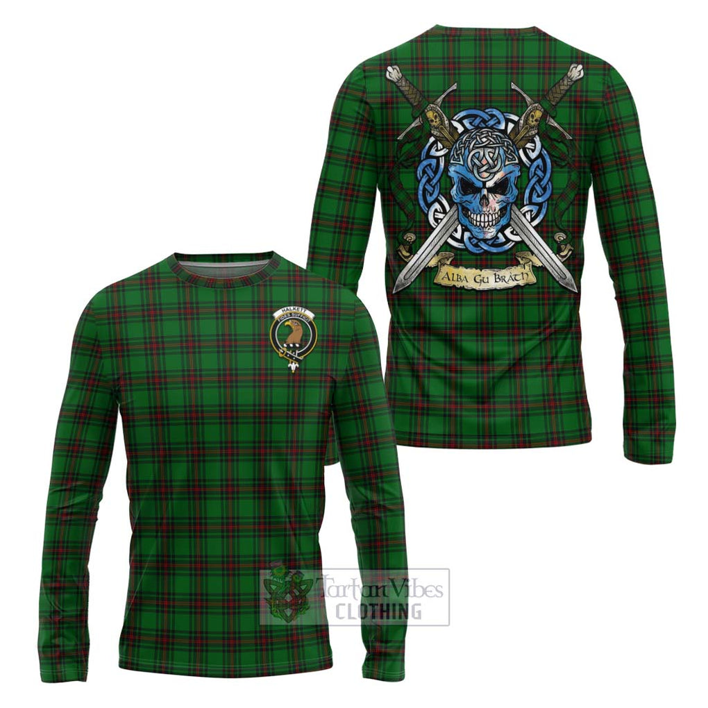 Tartan Vibes Clothing Halkett Tartan Long Sleeve T-Shirt with Family Crest Celtic Skull Style