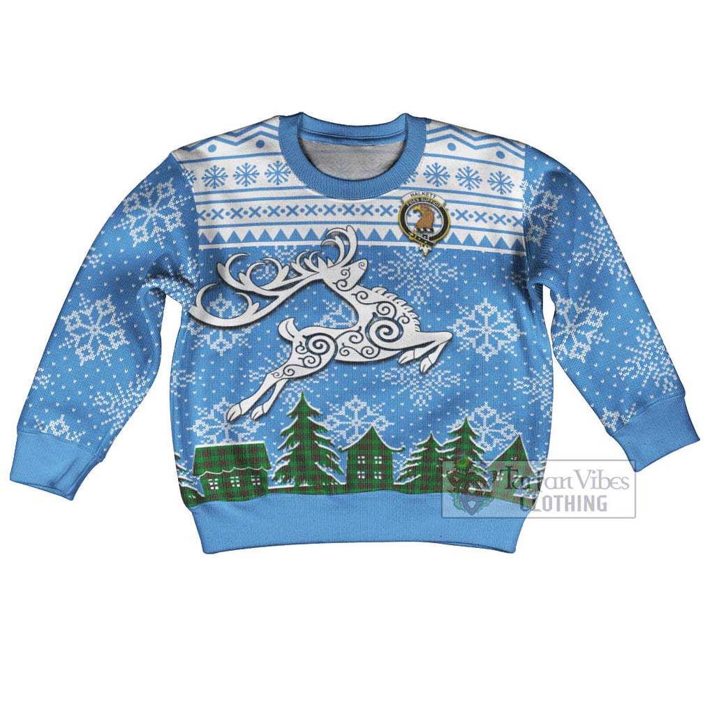 Tartan Vibes Clothing Halkett Clan Christmas Kid Ugly Sweater with Tartan and Celtic Raindeer Style