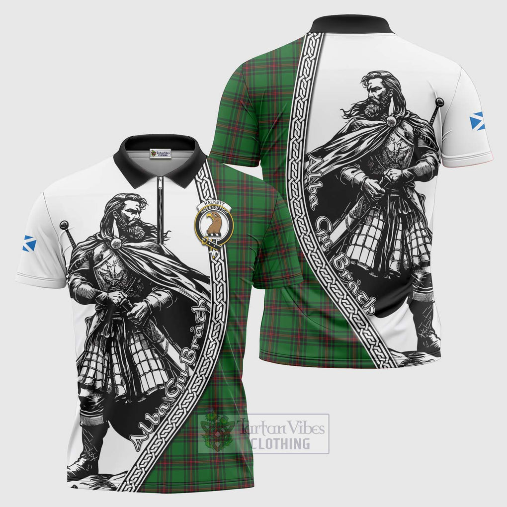 Tartan Vibes Clothing Halkett Tartan Clan Crest Zipper Polo Shirt with Highlander Warrior Celtic Style