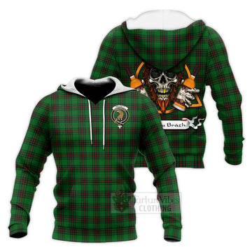 Halkett Tartan Knitted Hoodie with Family Crest and Bearded Skull Holding Bottles of Whiskey