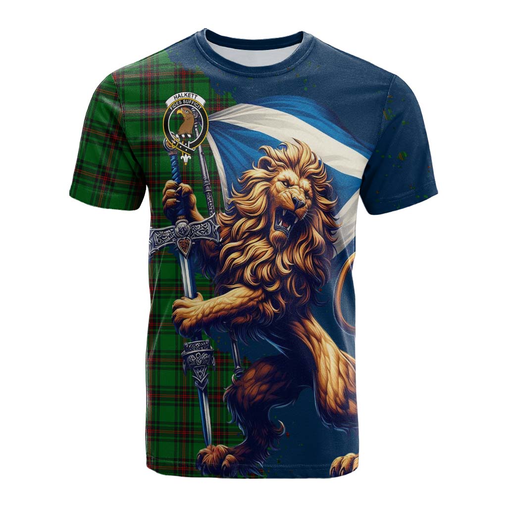 Tartan Vibes Clothing Halkett Tartan Family Crest Cotton T-shirt with Scottish Majestic Lion