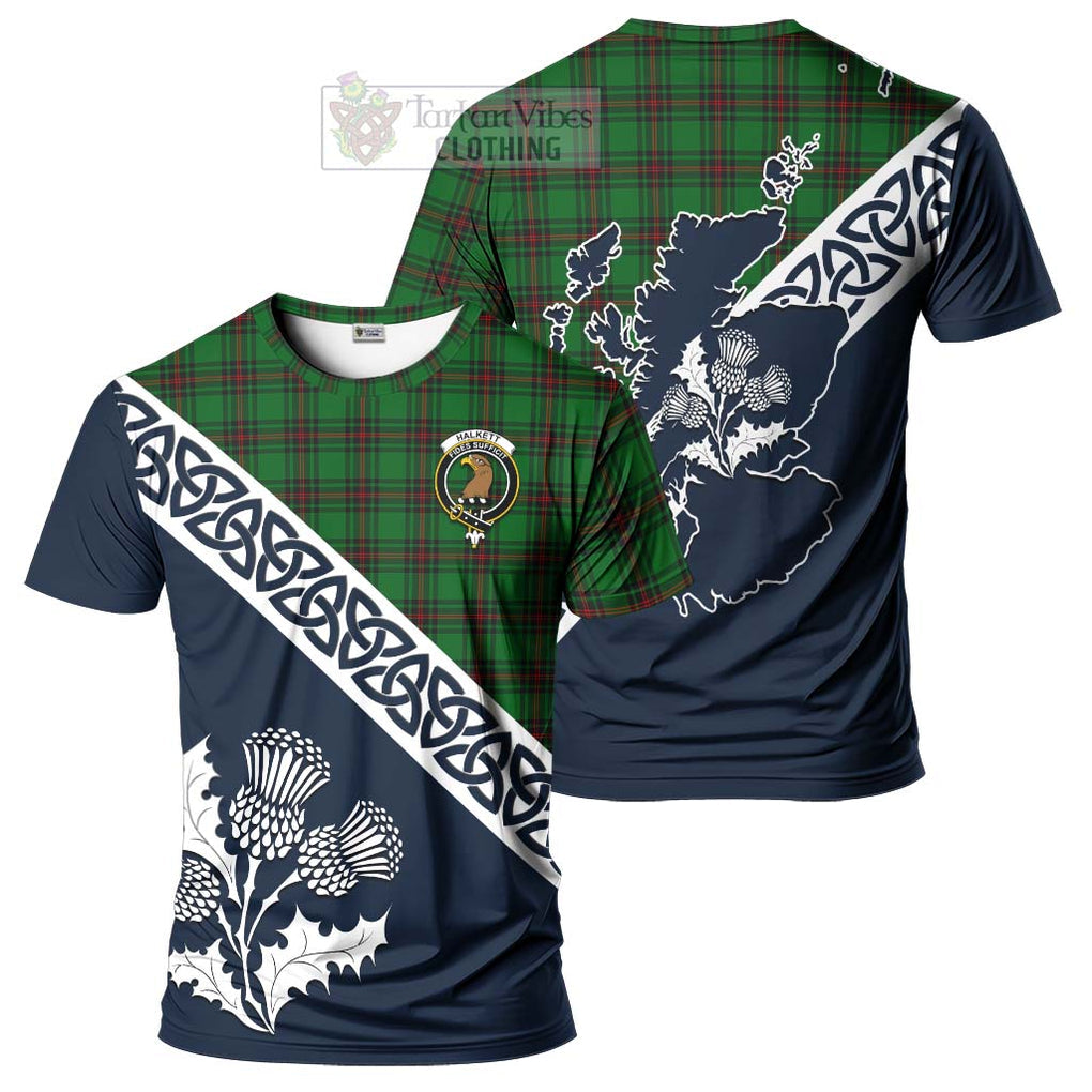 Halkett Tartan T-Shirt Featuring Thistle and Scotland Map