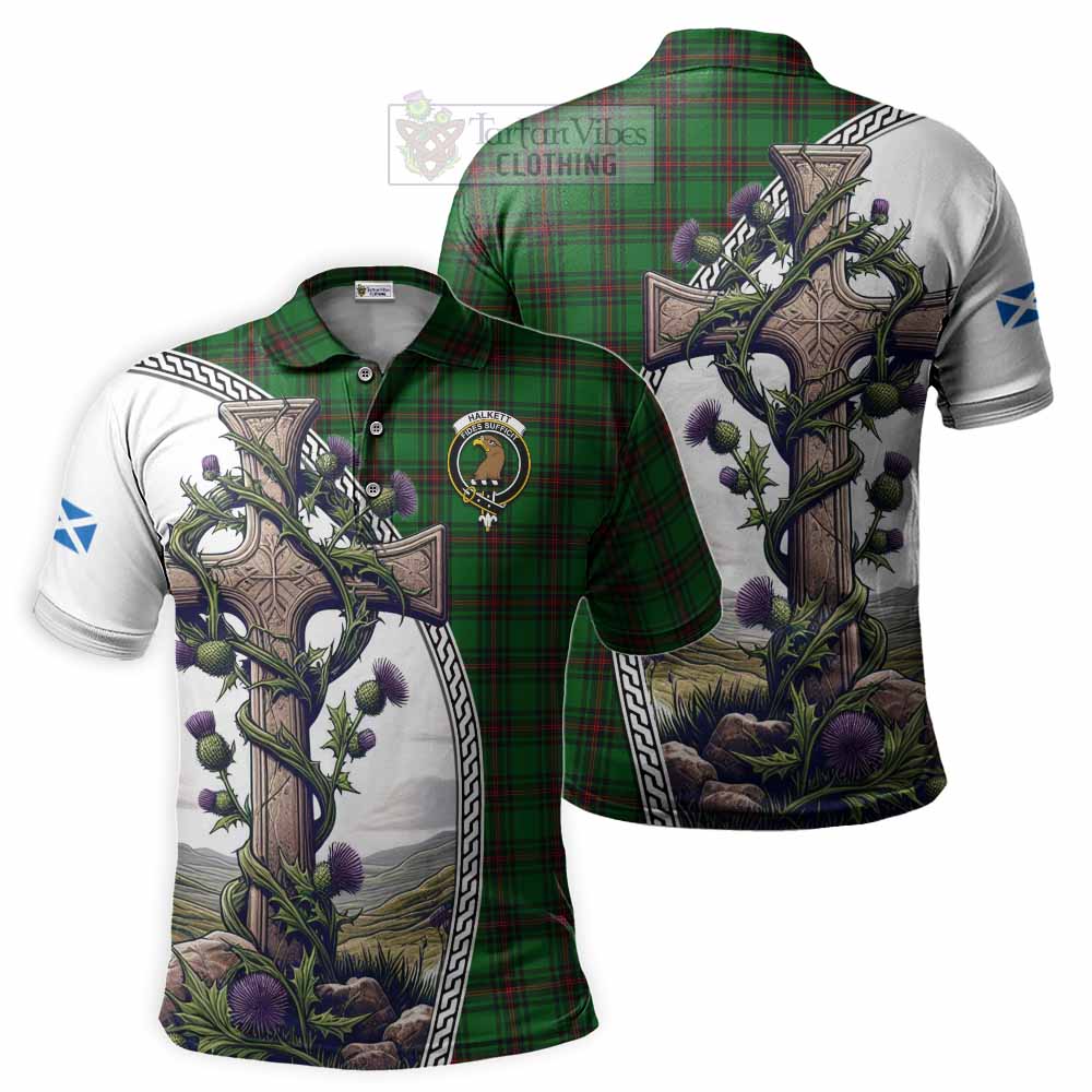 Tartan Vibes Clothing Halkett Tartan Polo Shirt with Family Crest and St. Andrew's Cross Accented by Thistle Vines