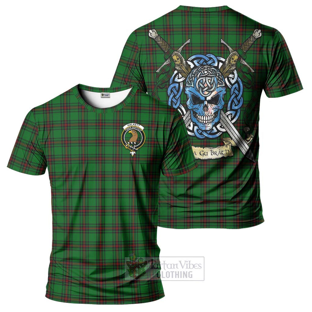 Tartan Vibes Clothing Halkett Tartan T-Shirt with Family Crest Celtic Skull Style