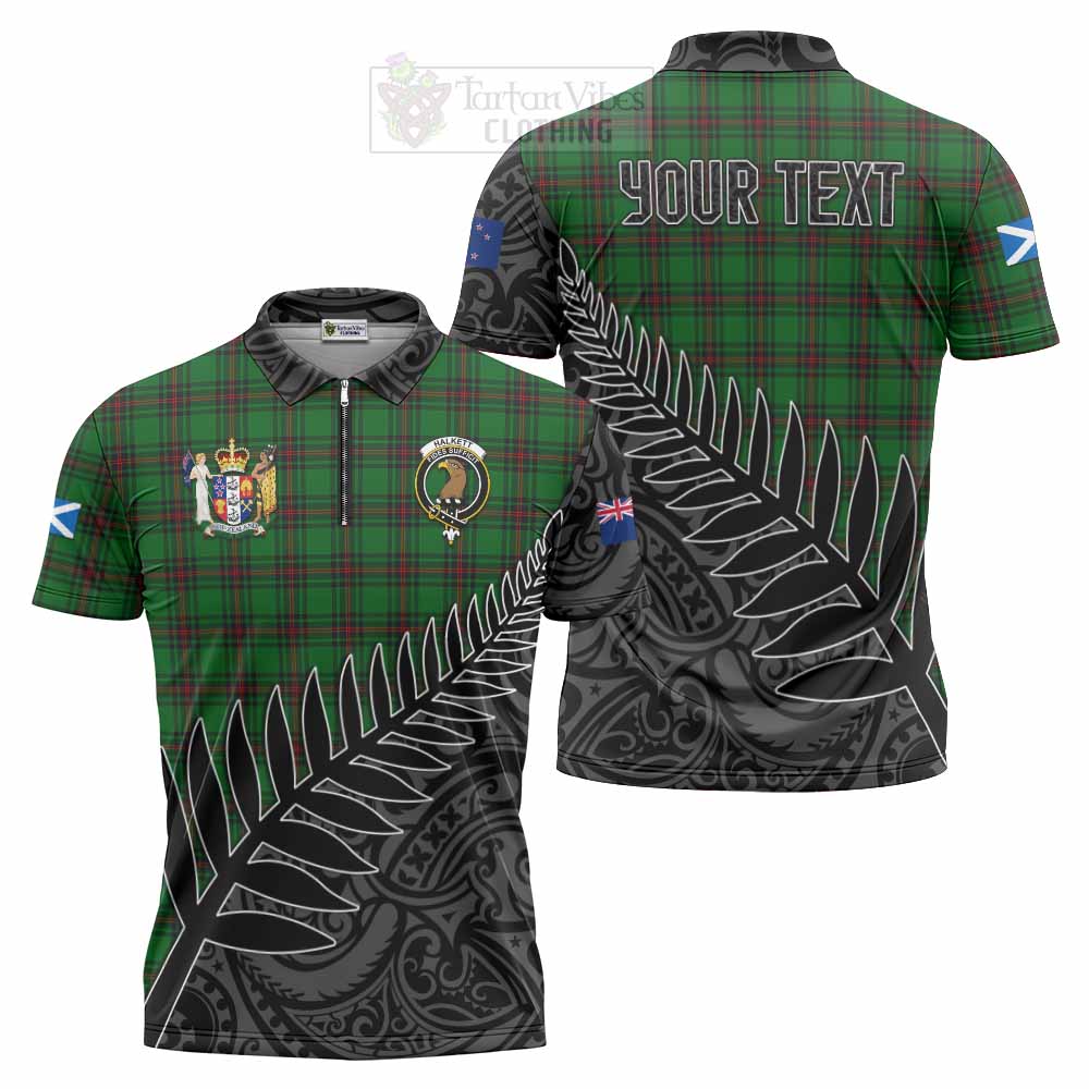 Tartan Vibes Clothing Halkett Crest Tartan Zipper Polo Shirt with New Zealand Silver Fern Half Style