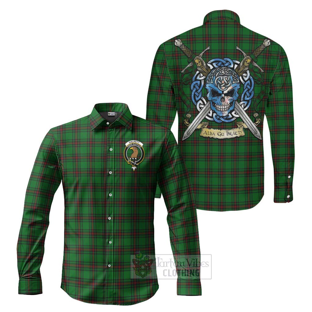 Tartan Vibes Clothing Halkett Tartan Long Sleeve Button Shirt with Family Crest Celtic Skull Style