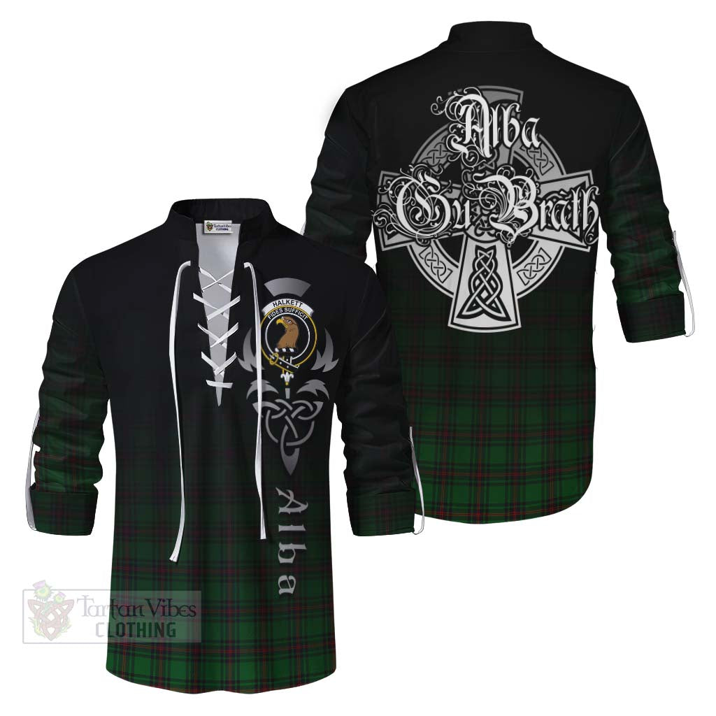 Tartan Vibes Clothing Halkett Tartan Ghillie Kilt Shirt Featuring Alba Gu Brath Family Crest Celtic Inspired