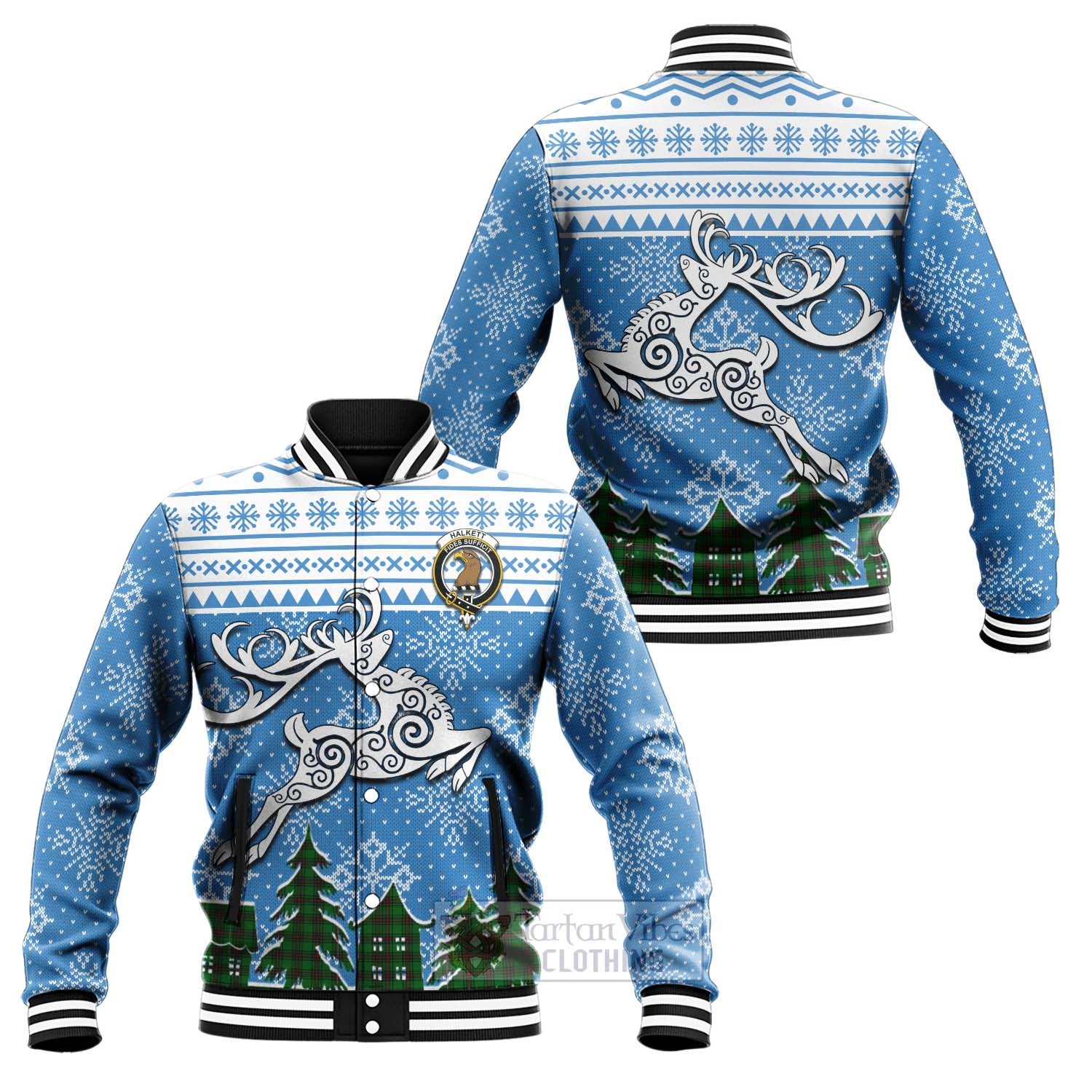 Tartan Vibes Clothing Halkett Clan Christmas Baseball Jacket Celtic Reindeer Style