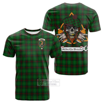 Halkett Tartan Cotton T-shirt with Family Crest and Bearded Skull Holding Bottles of Whiskey