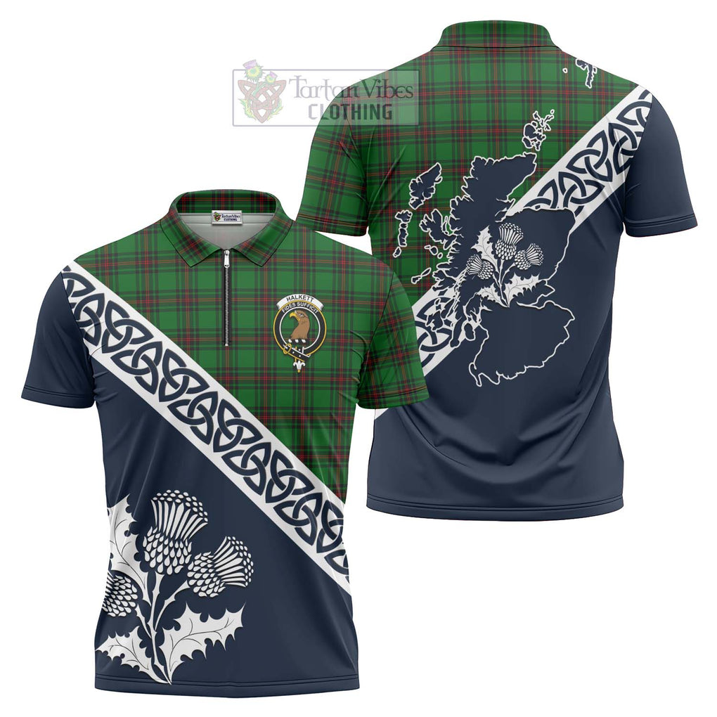 Tartan Vibes Clothing Halkett Tartan Zipper Polo Shirt Featuring Thistle and Scotland Map