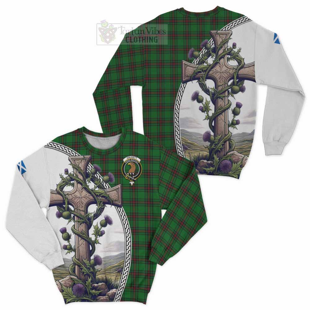 Tartan Vibes Clothing Halkett Tartan Sweatshirt with Family Crest and St. Andrew's Cross Accented by Thistle Vines