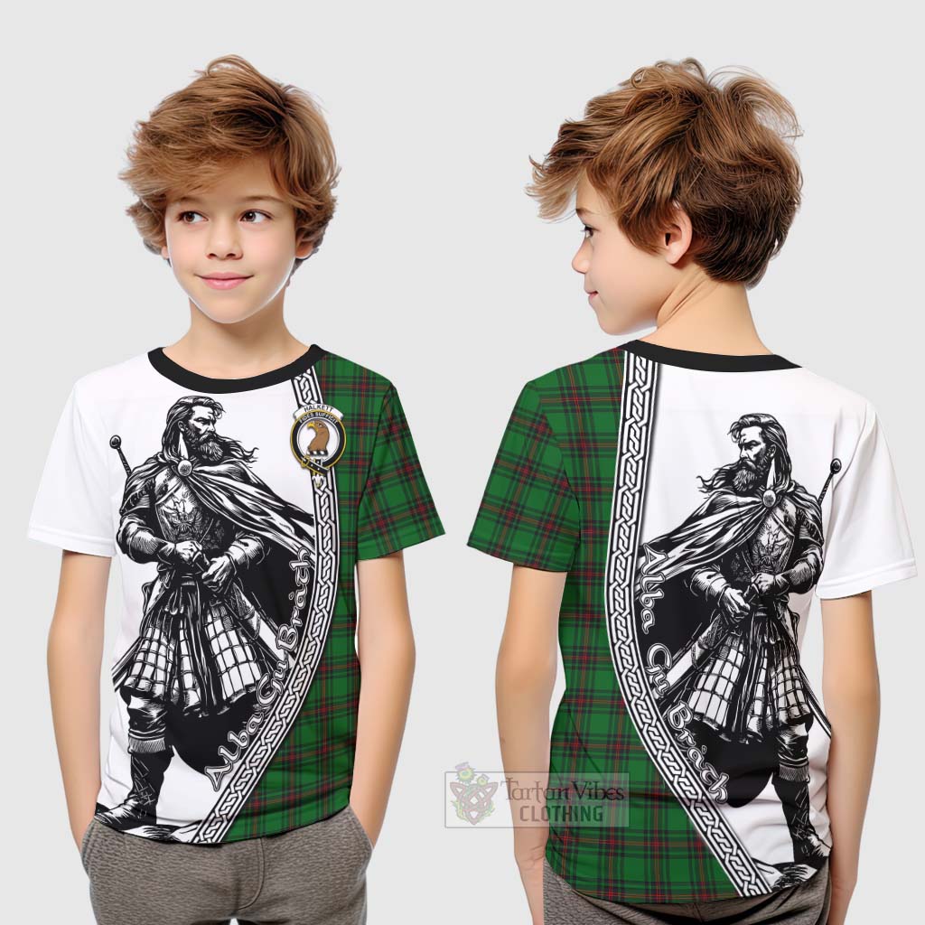 Tartan Vibes Clothing Halkett Tartan Clan Crest Kid T-Shirt with Highlander Warrior Celtic Style