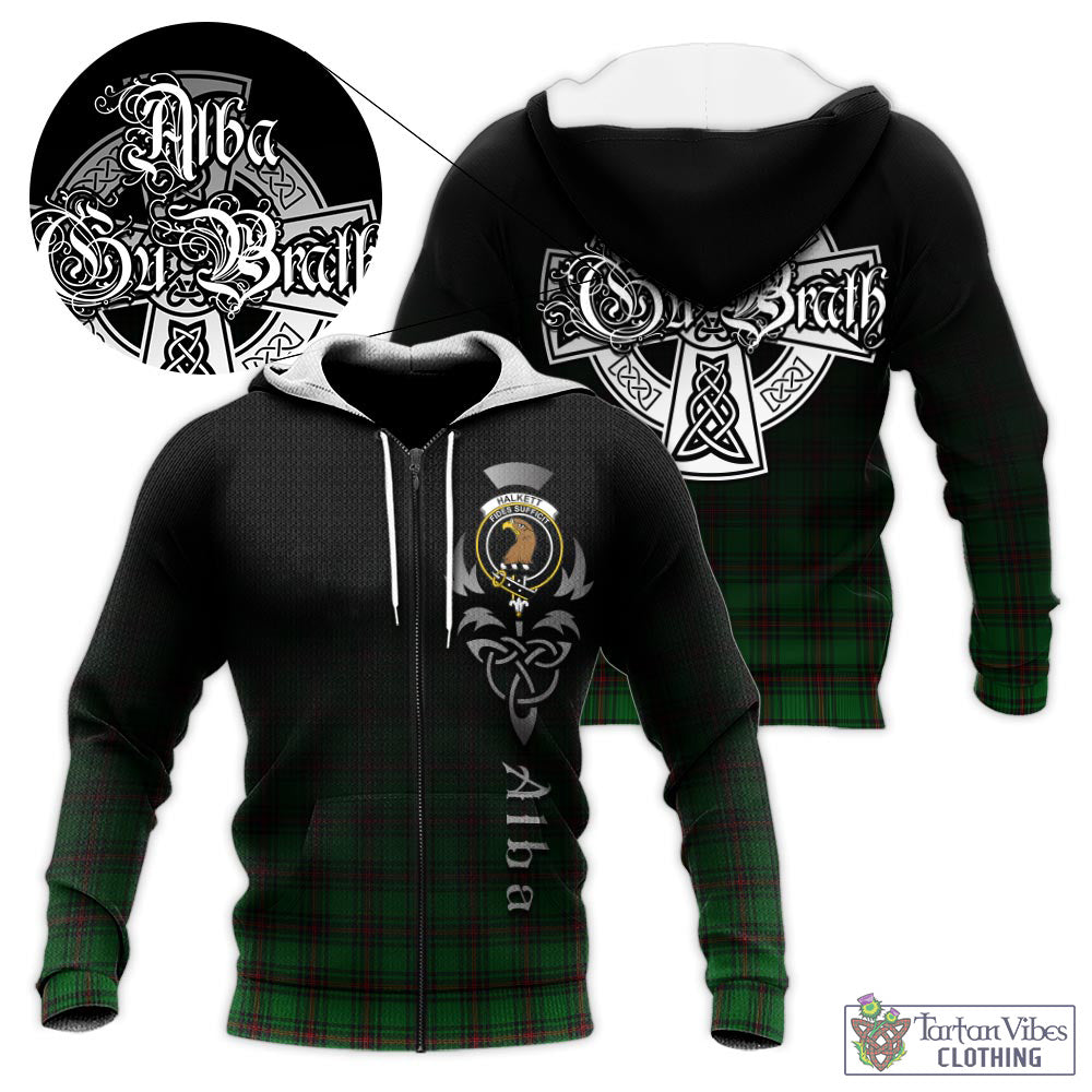 Tartan Vibes Clothing Halkett Tartan Knitted Hoodie Featuring Alba Gu Brath Family Crest Celtic Inspired