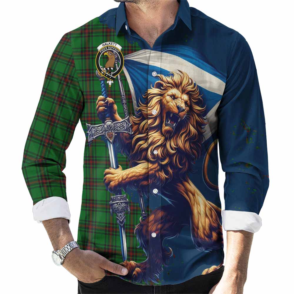 Tartan Vibes Clothing Halkett Tartan Family Crest Long Sleeve Button Shirt with Scottish Majestic Lion