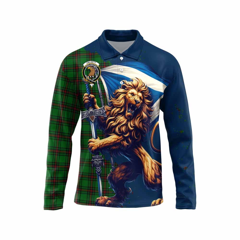 Tartan Vibes Clothing Halkett Tartan Family Crest Long Sleeve Polo Shirt with Scottish Majestic Lion