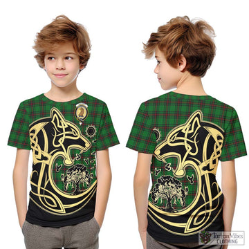 Halkett Tartan Kid T-Shirt with Family Crest Celtic Wolf Style