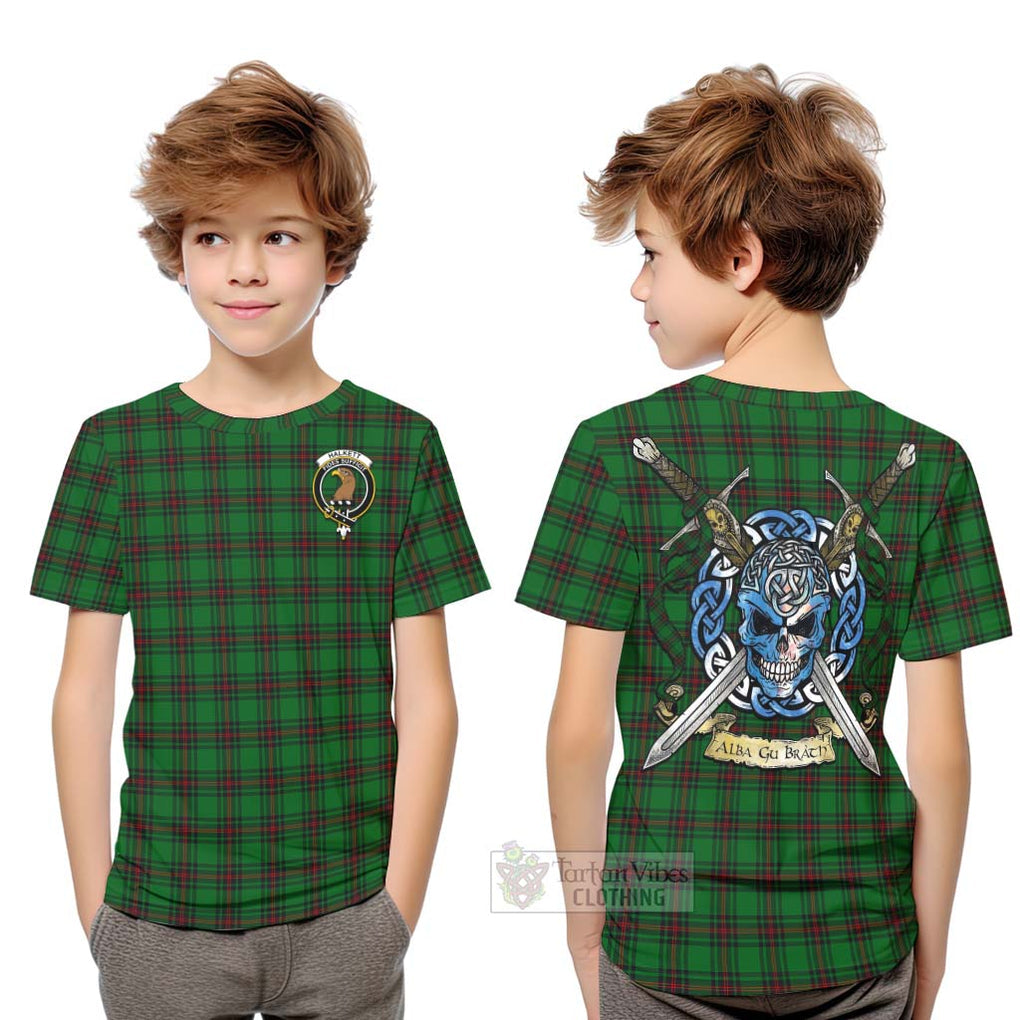 Tartan Vibes Clothing Halkett Tartan Kid T-Shirt with Family Crest Celtic Skull Style