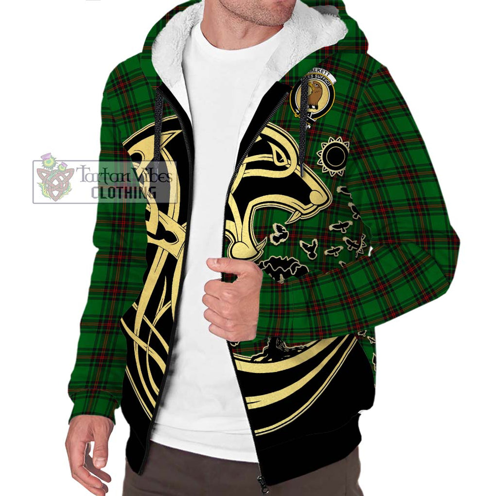 Halkett Tartan Sherpa Hoodie with Family Crest Celtic Wolf Style Unisex S - Tartan Vibes Clothing