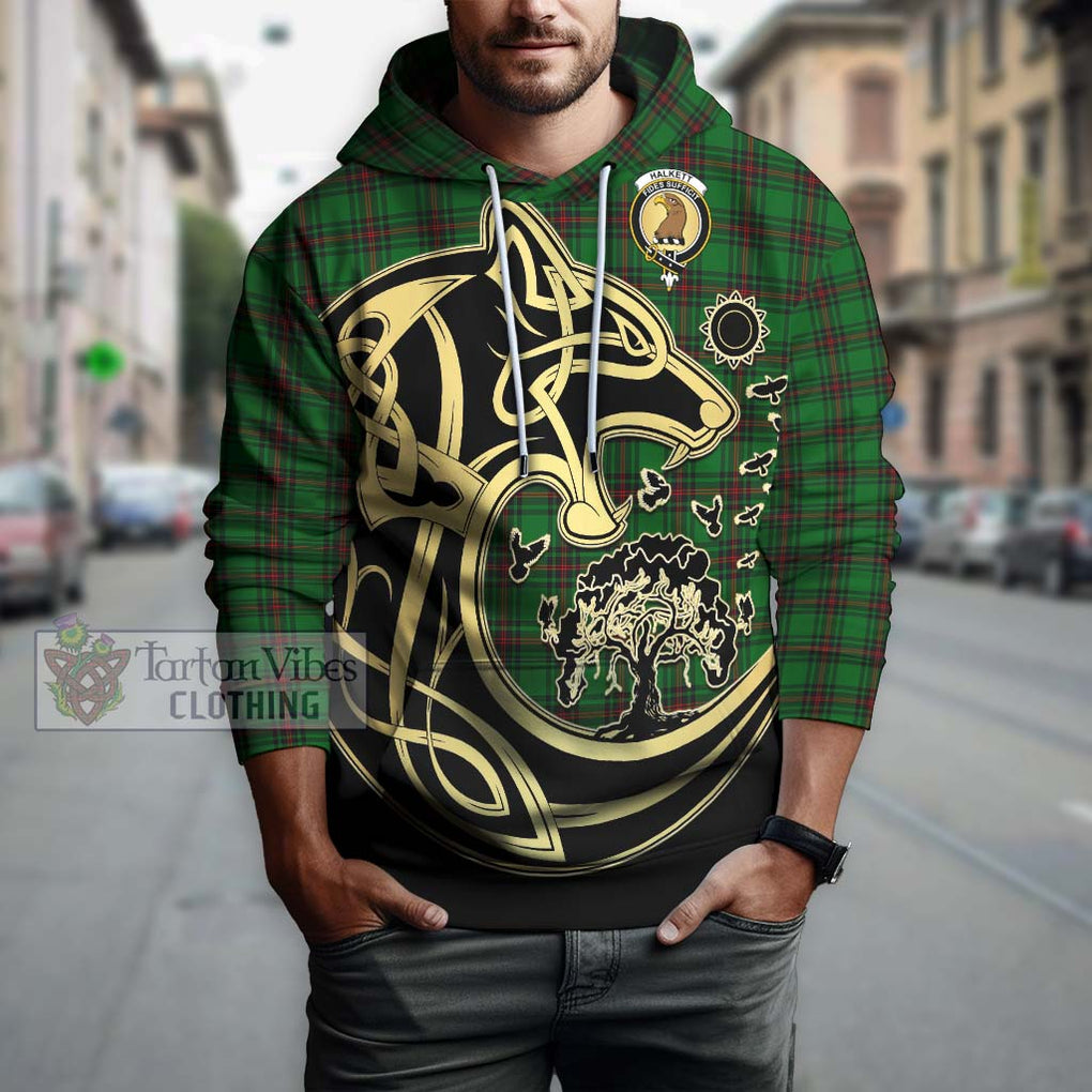 Halkett Tartan Hoodie with Family Crest Celtic Wolf Style Zip Hoodie - Tartan Vibes Clothing