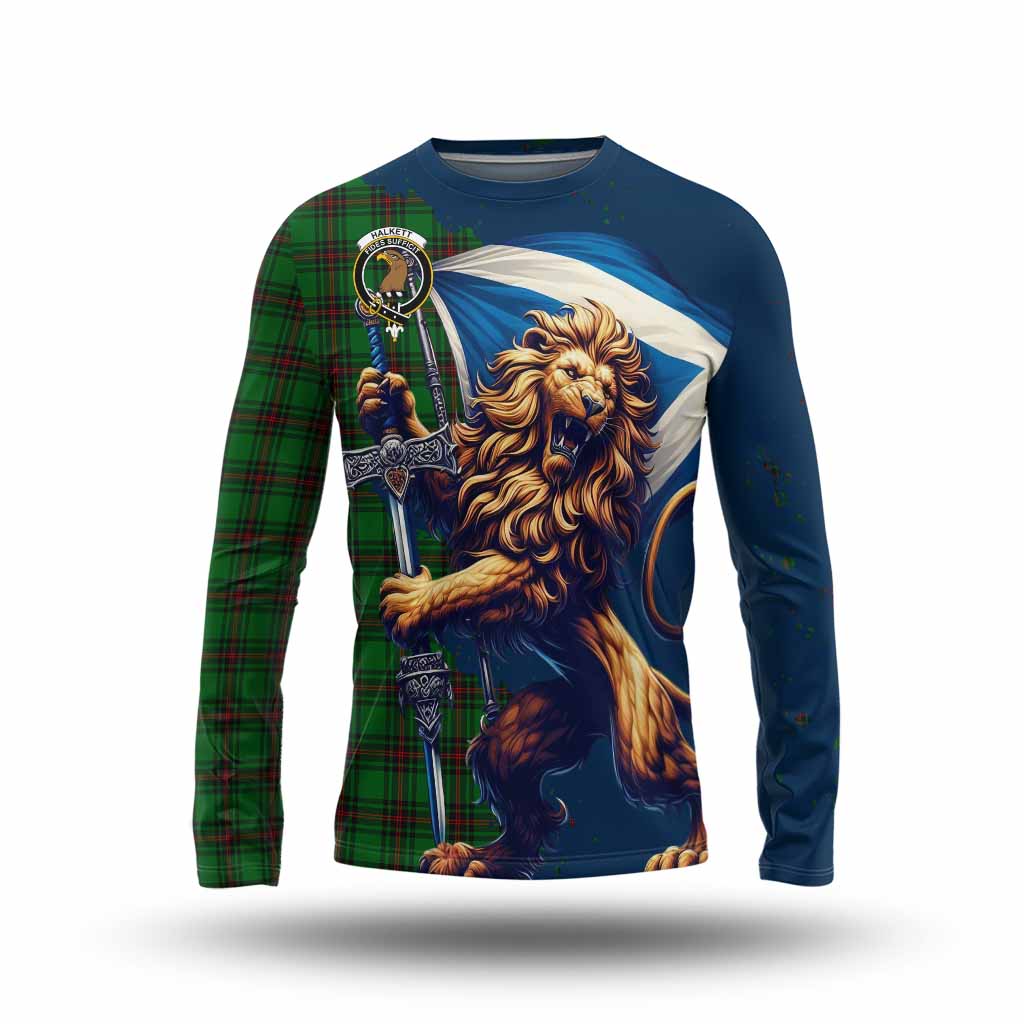 Tartan Vibes Clothing Halkett Tartan Family Crest Long Sleeve T-Shirt with Scottish Majestic Lion