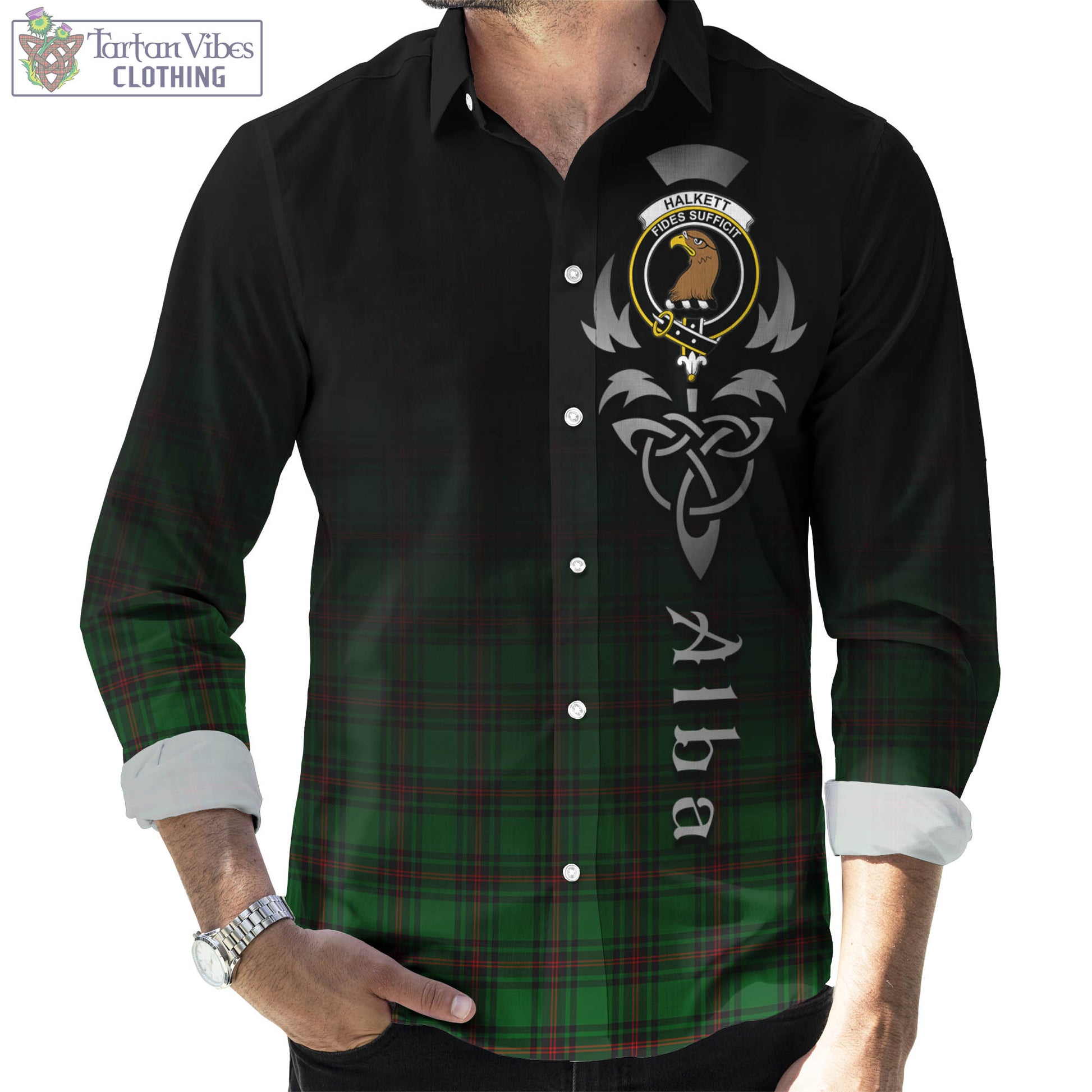 Tartan Vibes Clothing Halkett Tartan Long Sleeve Button Up Featuring Alba Gu Brath Family Crest Celtic Inspired