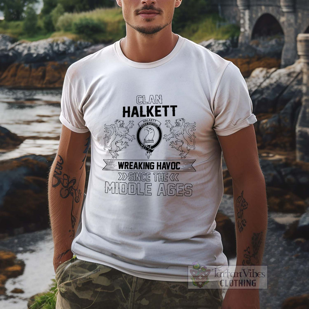 Halkett Family Crest 2D Cotton Men's T-Shirt Wreaking Havoc Style White - 2D-tartanvibesclothing