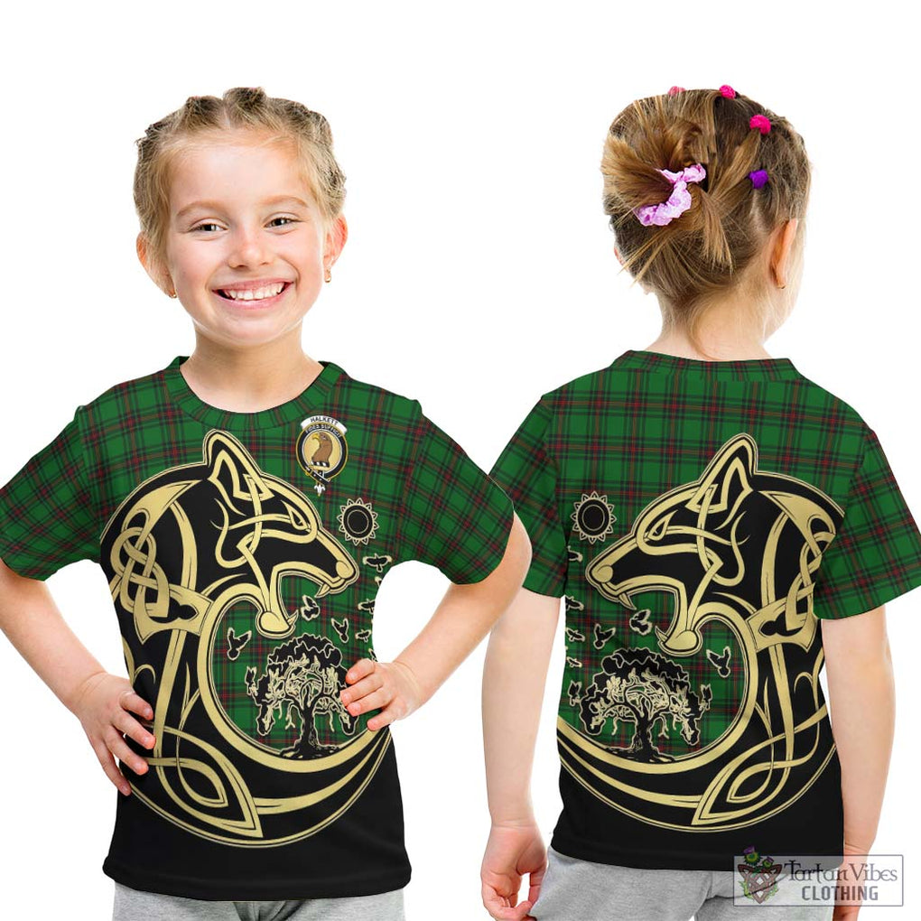 Halkett Tartan Kid T-Shirt with Family Crest Celtic Wolf Style - Tartan Vibes Clothing