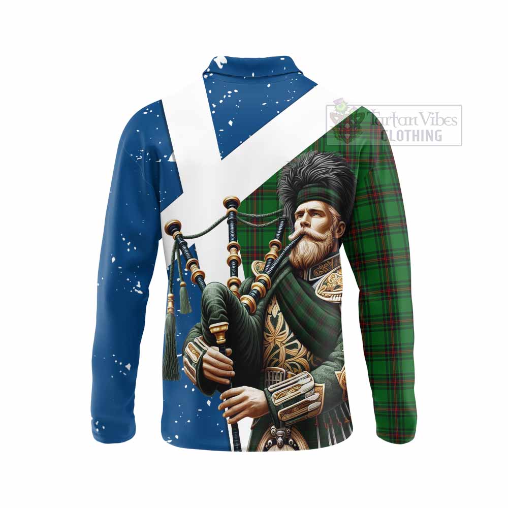 Tartan Vibes Clothing Halkett Tartan Long Sleeve Polo Shirt with Family Crest Scottish Bagpiper Vibes