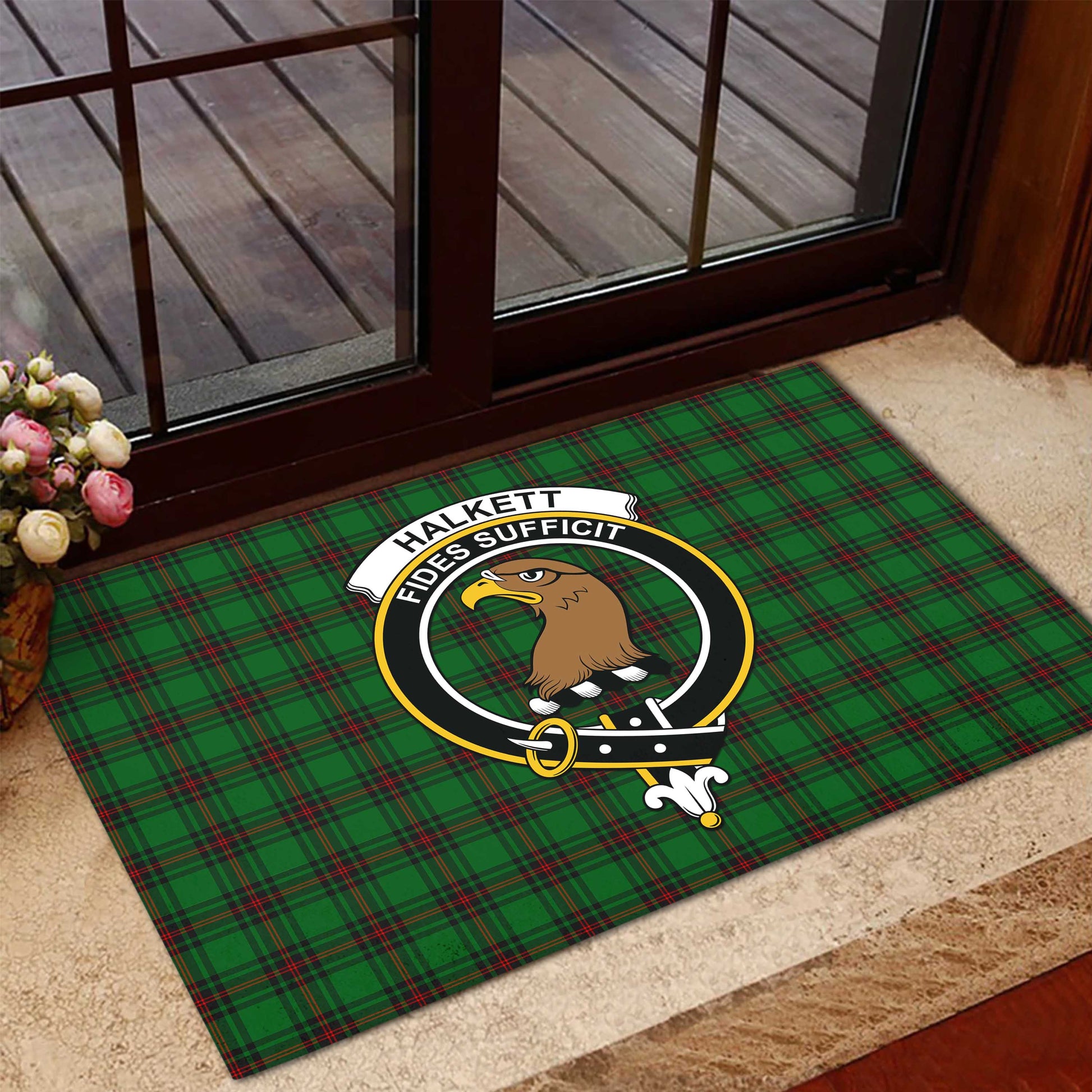 Halkett Tartan Door Mat with Family Crest - Tartanvibesclothing