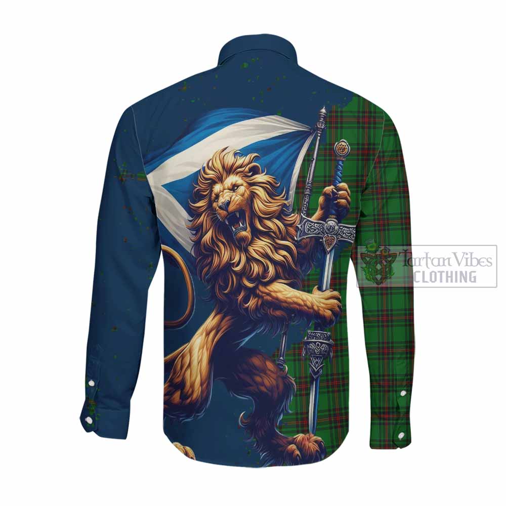 Tartan Vibes Clothing Halkett Tartan Family Crest Long Sleeve Button Shirt with Scottish Majestic Lion