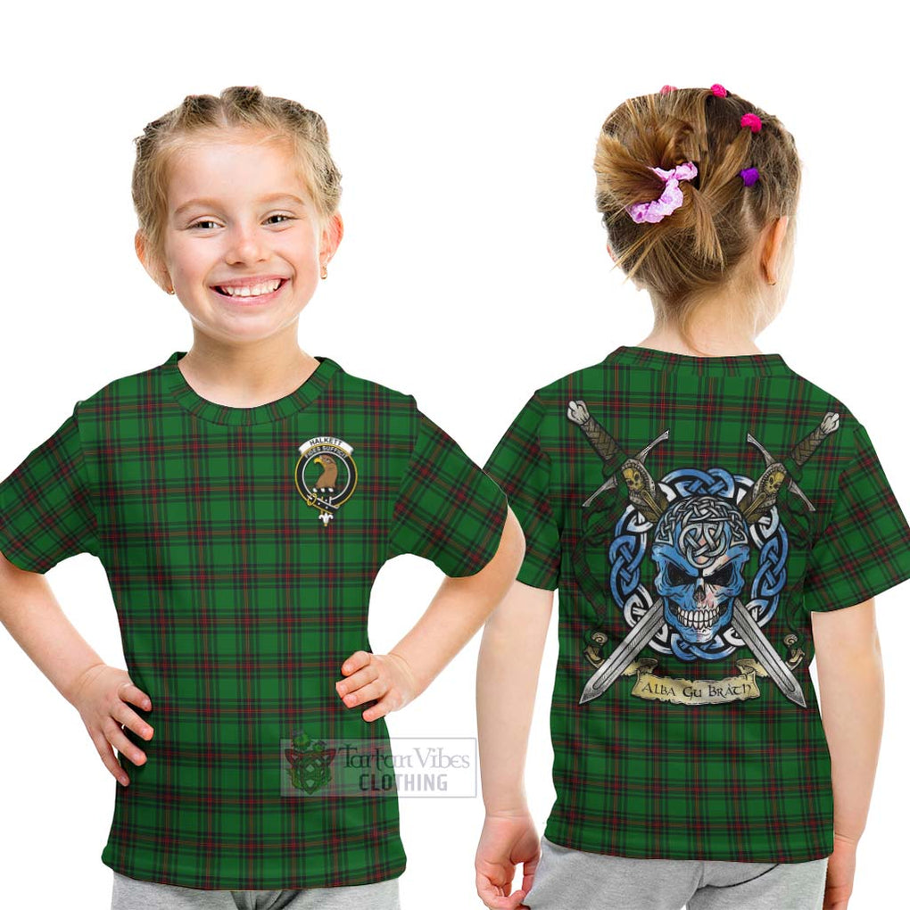 Tartan Vibes Clothing Halkett Tartan Kid T-Shirt with Family Crest Celtic Skull Style