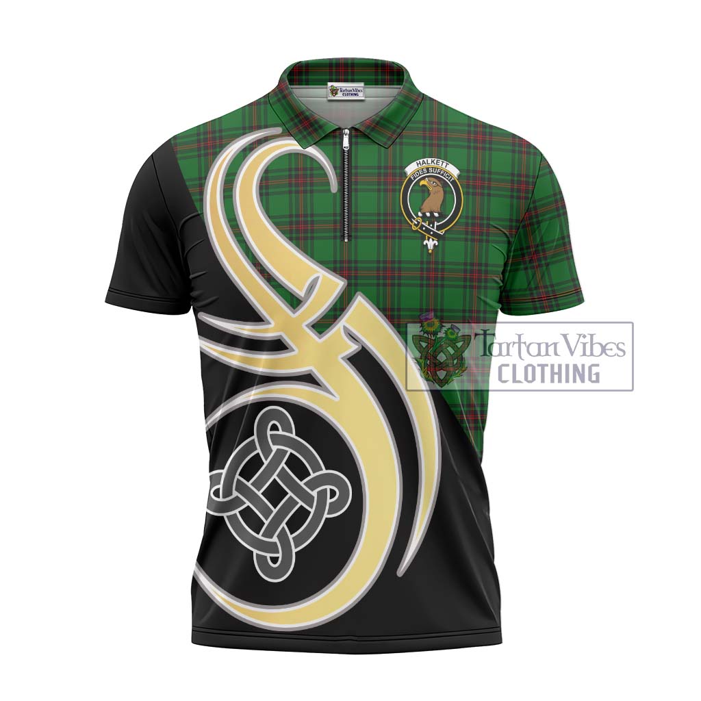 Tartan Vibes Clothing Halkett Tartan Zipper Polo Shirt with Family Crest and Celtic Symbol Style