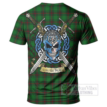 Halkett Tartan T-Shirt with Family Crest Celtic Skull Style