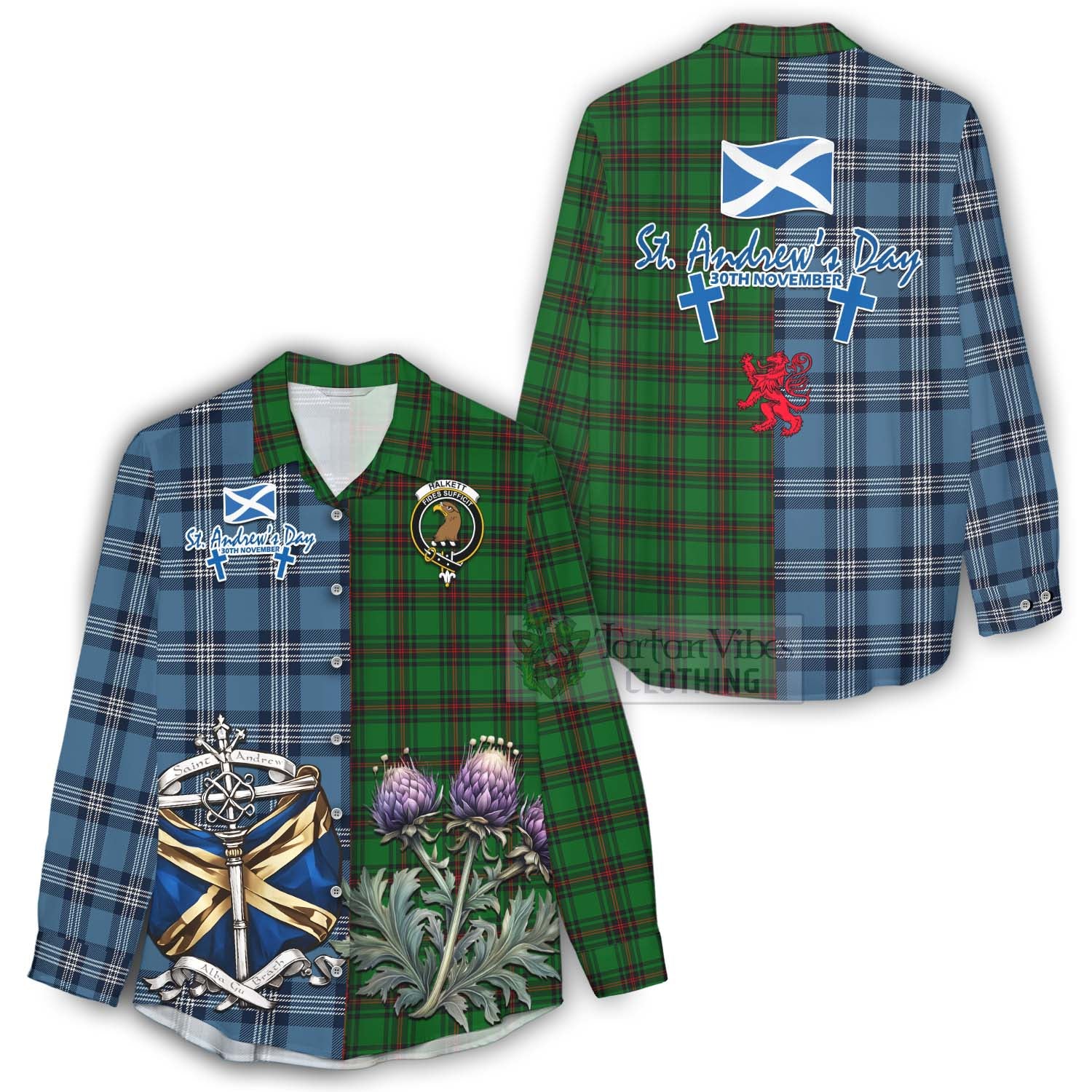 Tartan Vibes Clothing Halkett Tartan Women's Casual Shirt Happy St. Andrew's Day Half Tartan Style