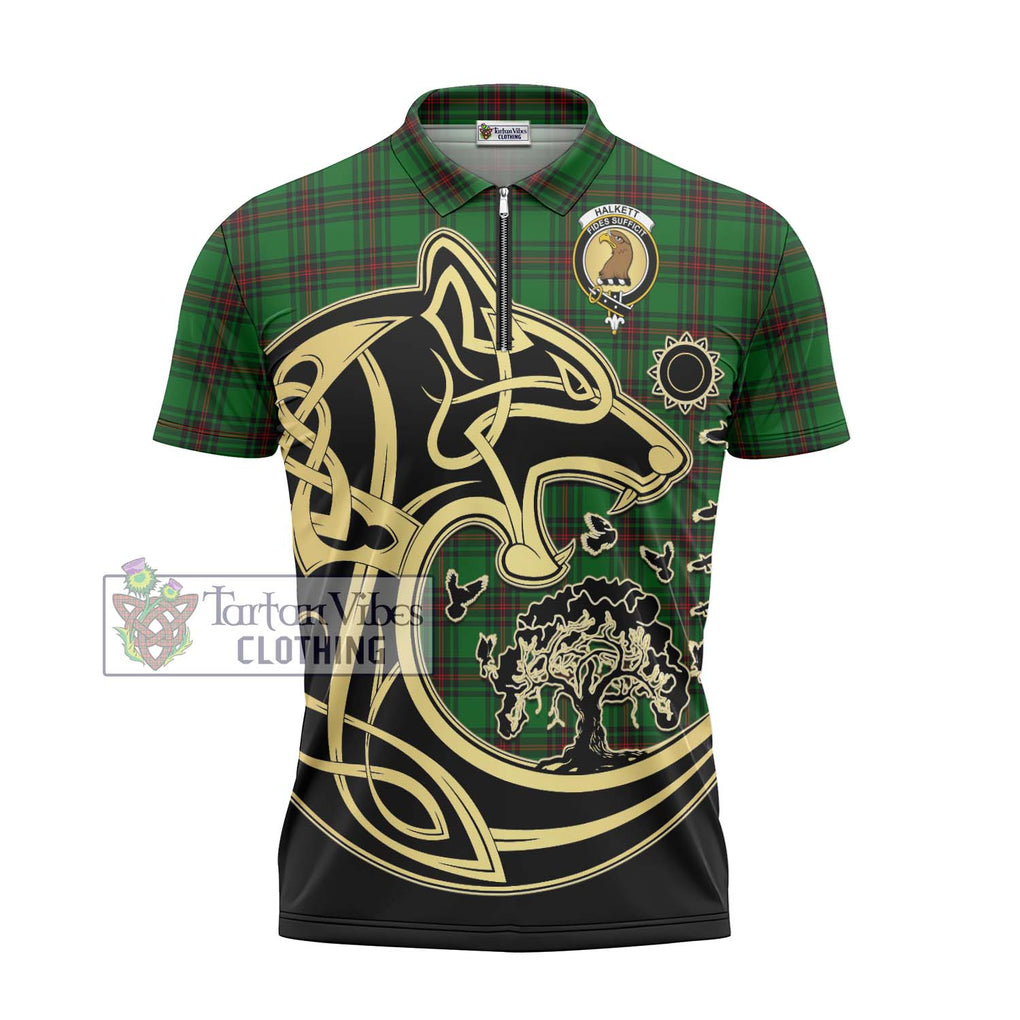 Halkett Tartan Zipper Polo Shirt with Family Crest Celtic Wolf Style - Tartanvibesclothing Shop