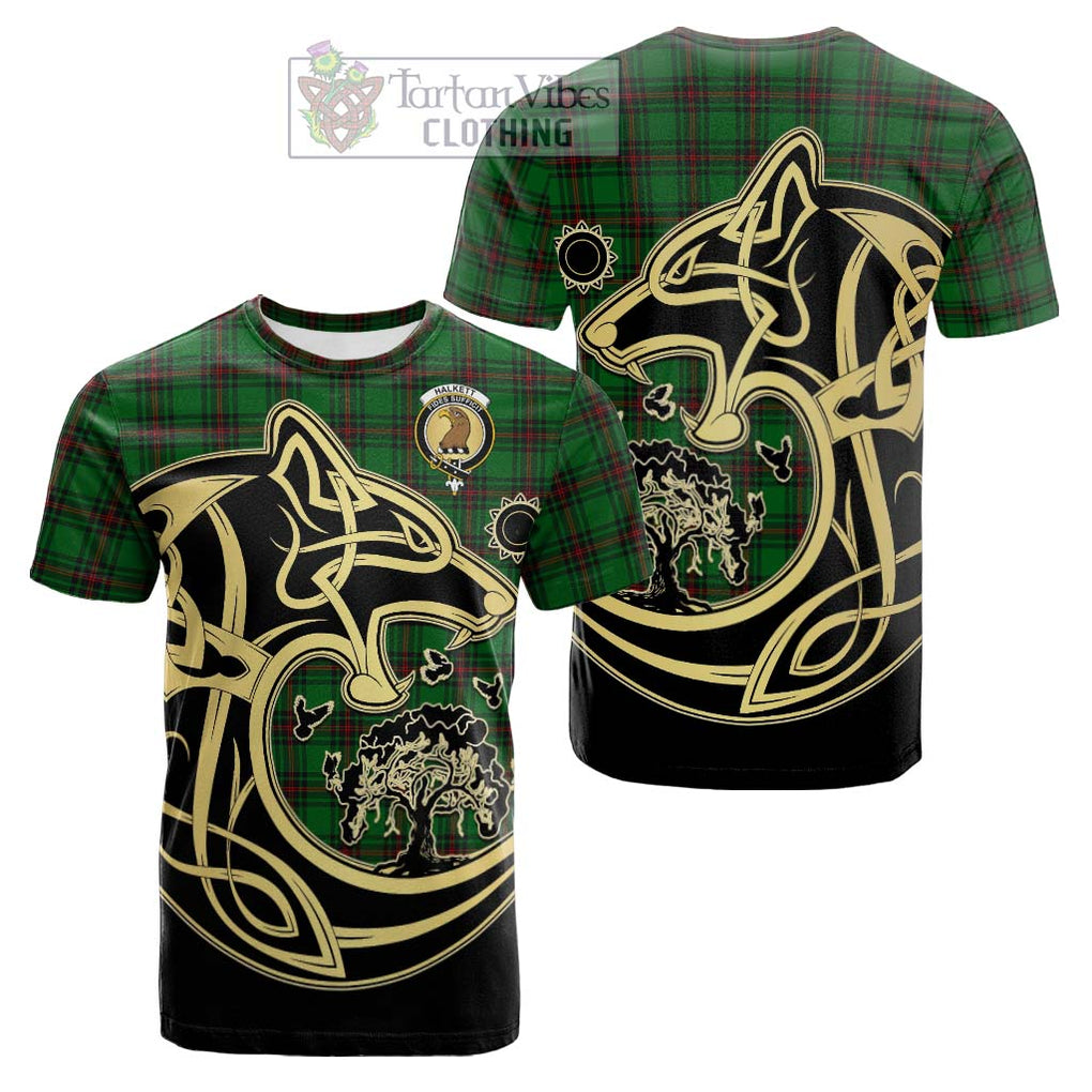 Tartan Vibes Clothing Halkett Tartan Cotton T-shirt with Family Crest Celtic Wolf Style